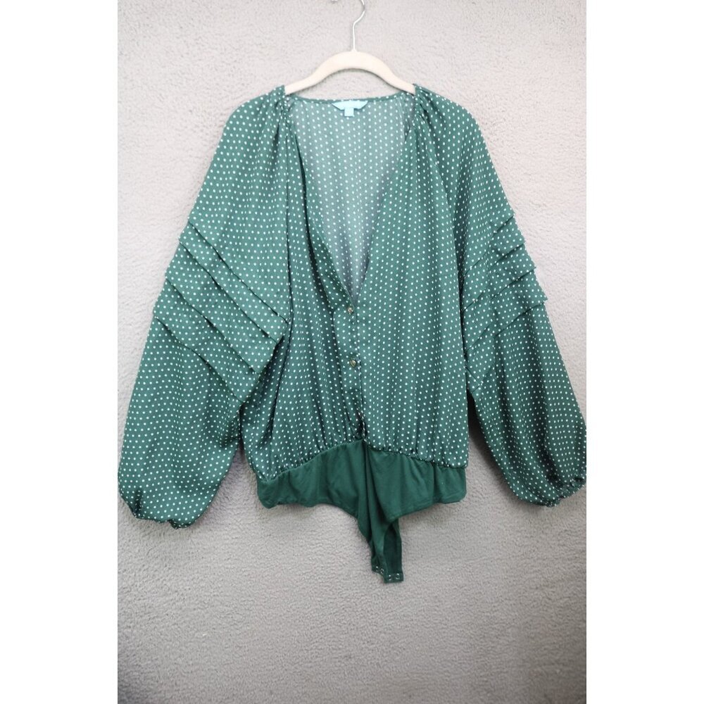 Draper James Long Balloon Sleeves Silky Bodysuit Blouse-XXL-Ruffles-Lagenlook